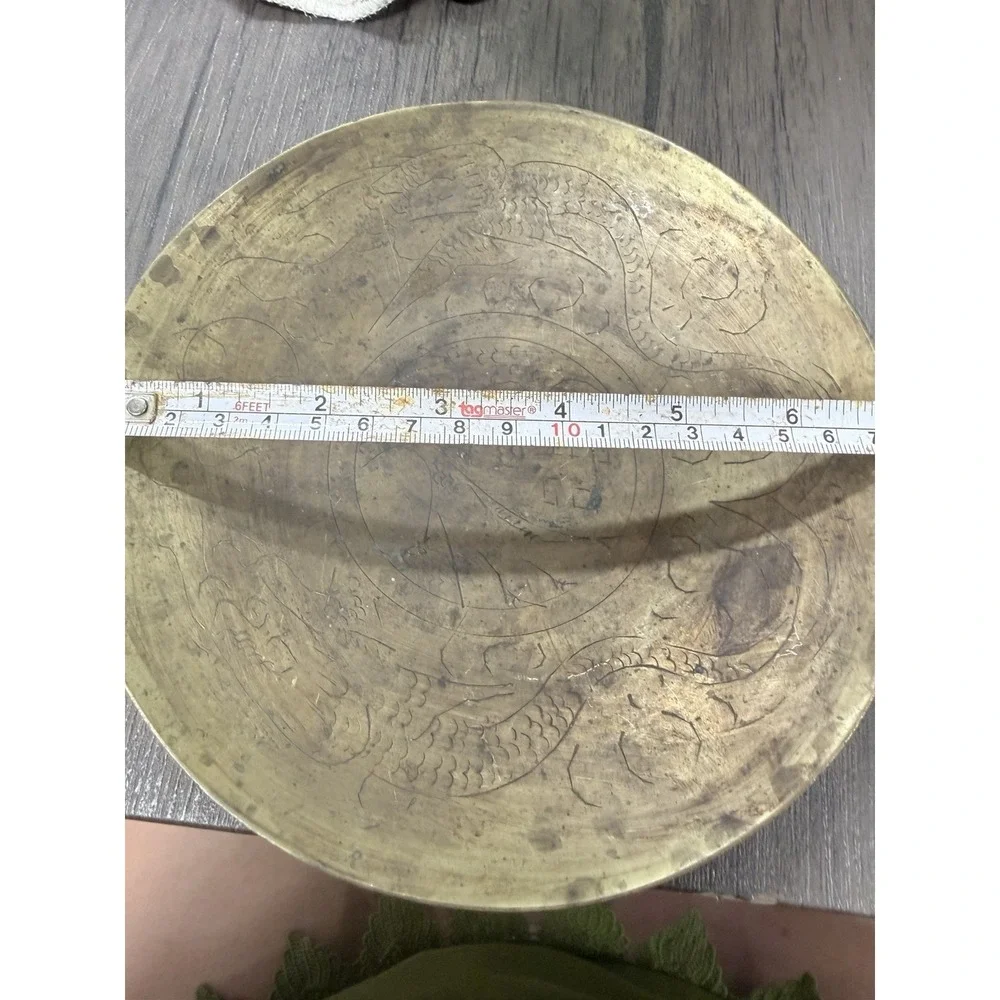 Vintage Chinese Heavy Solid Brass Hand Carved Dragons Bowl Dish